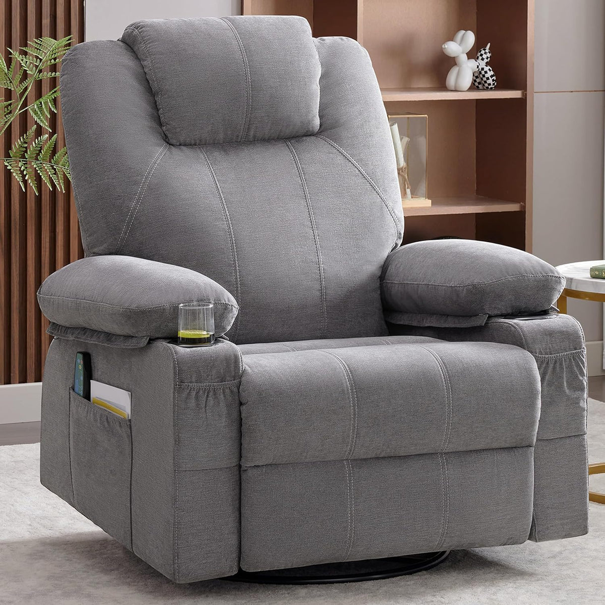 Oversized Swivel Rocker Recliner Chair with Heat and Massage, 360 Degree Swivel Rocking Single Sofa with Cup Holders and USB Port, Large Big Recliner Chair for Living Room (Leather, Brown) - image 3