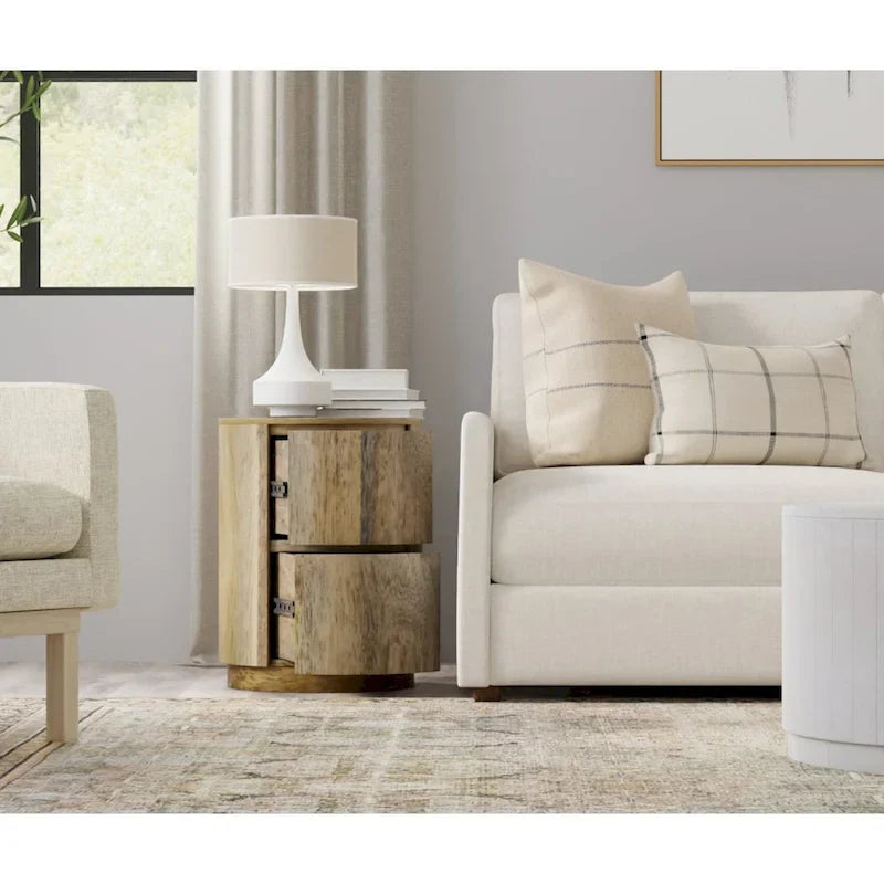 Round Nightstand with 2 Drawers Wooden Bedside Table - image 1