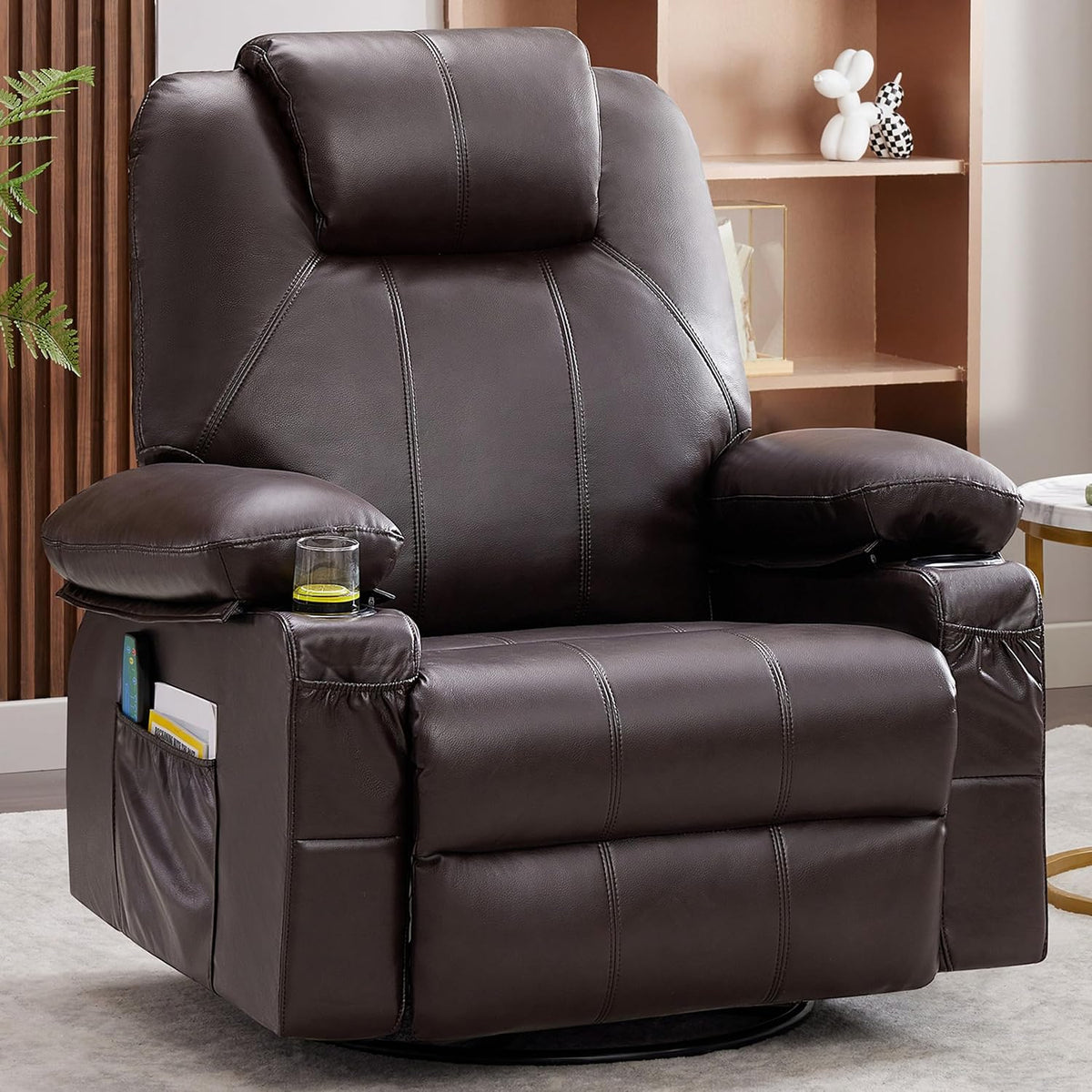 Oversized Swivel Rocker Recliner Chair with Heat and Massage, 360 Degree Swivel Rocking Single Sofa with Cup Holders and USB Port, Large Big Recliner Chair for Living Room (Leather, Brown) - image 7