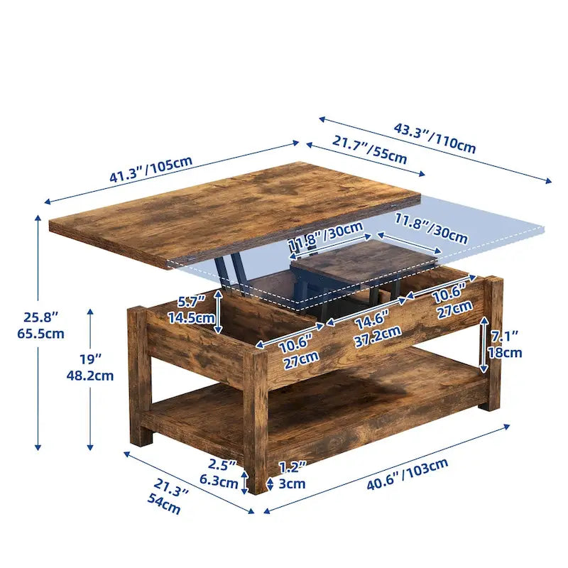 Moasis Farmhouse Lift-Top Coffee Table with Expandable Surface, Hidden Storage, and Shelf for Living Room - image 20