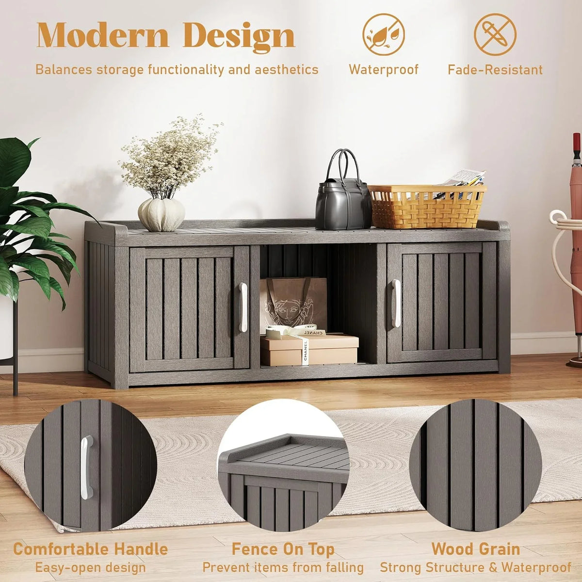 KAMABOKO Outdoor Shoe Storage Cabinet, Waterproof UV-Resistant Entryway Storage Bench Indoor Outdoor with 2 Barn Doors, Adjus