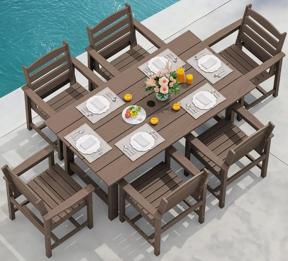 SERWALL 7-Piece Patio Table Set, Outdoor HDPE Dining Furniture with Umbrella Hole, All Weather Table and Chairs for Lawn, Garden, Poolside, Aruba - image 2