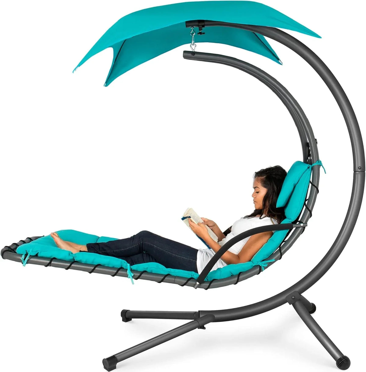 Best Choice Products Outdoor Hanging Curved Steel Chaise Lounge Chair Swing w/Built-in Pillow and Removable Canopy - Charcoal