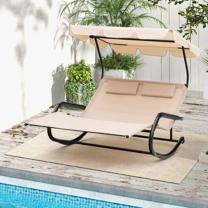 2 Person Patio Hammock Bed Swing Chair Extra Large Outdoor Rocking Chaise Lounge With Adjustable Canopy And Wheels - Comforta