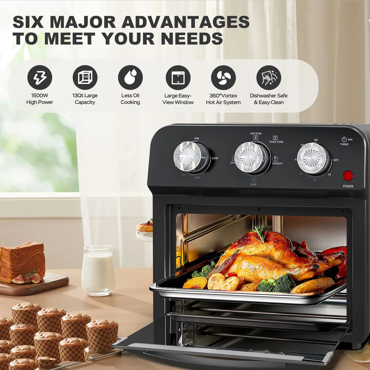 PlumChef 13 Quart 4 Slices Air Fryer Convection Toaster Oven, 1500W, 7 in 1 Multifunction with Roast, Bake, Grill, Broil, Toast, Dehydrate, Defrost - image 22