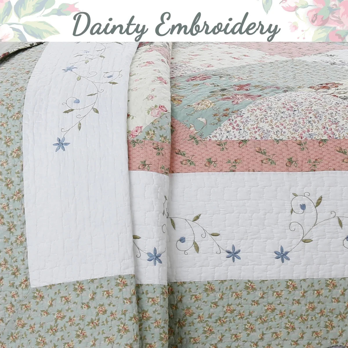 Cozy Line Home Floral Patchwork Cotton Reversible Queen Quilt Set, Blue, 3-Piece - image 7
