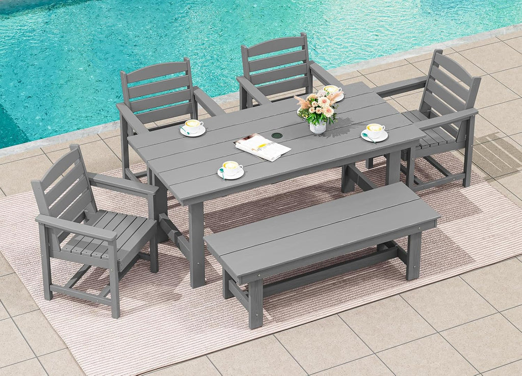 SERWALL 7-Piece Patio Table Set, Outdoor HDPE Dining Furniture with Umbrella Hole, All Weather Table and Chairs for Lawn, Garden, Poolside, Aruba - image 52