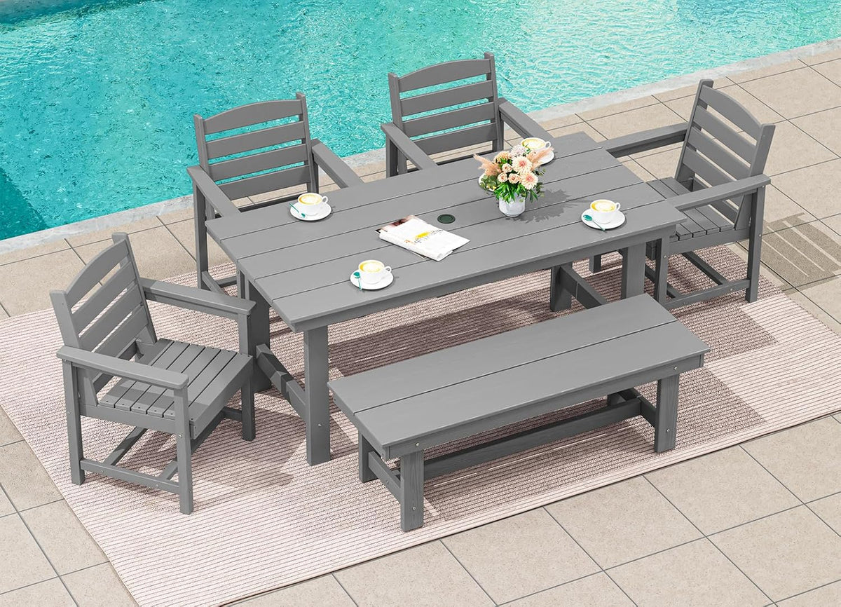 SERWALL 7-Piece Patio Table Set, Outdoor HDPE Dining Furniture with Umbrella Hole, All Weather Table and Chairs for Lawn, Garden, Poolside, Aruba - image 52