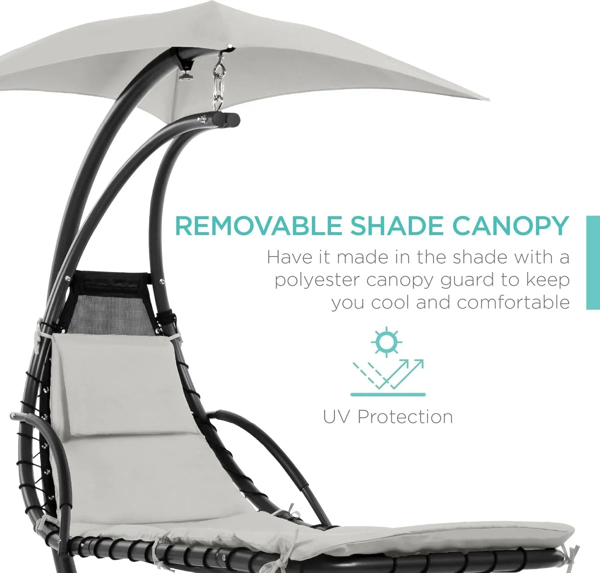 Best Choice Products Outdoor Hanging Curved Steel Chaise Lounge Chair Swing w/Built-in Pillow and Removable Canopy - Charcoal