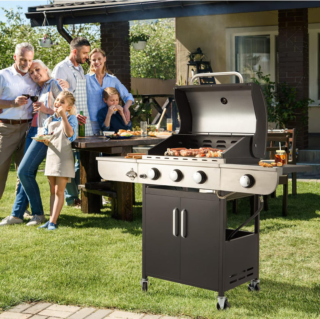 Upgraded 4 Burner BBQ Propane Gas Grill with Cast Iron Grates & Side Stove, 44,000 BTU Stainless Steel Burner Barbecue Grill 
