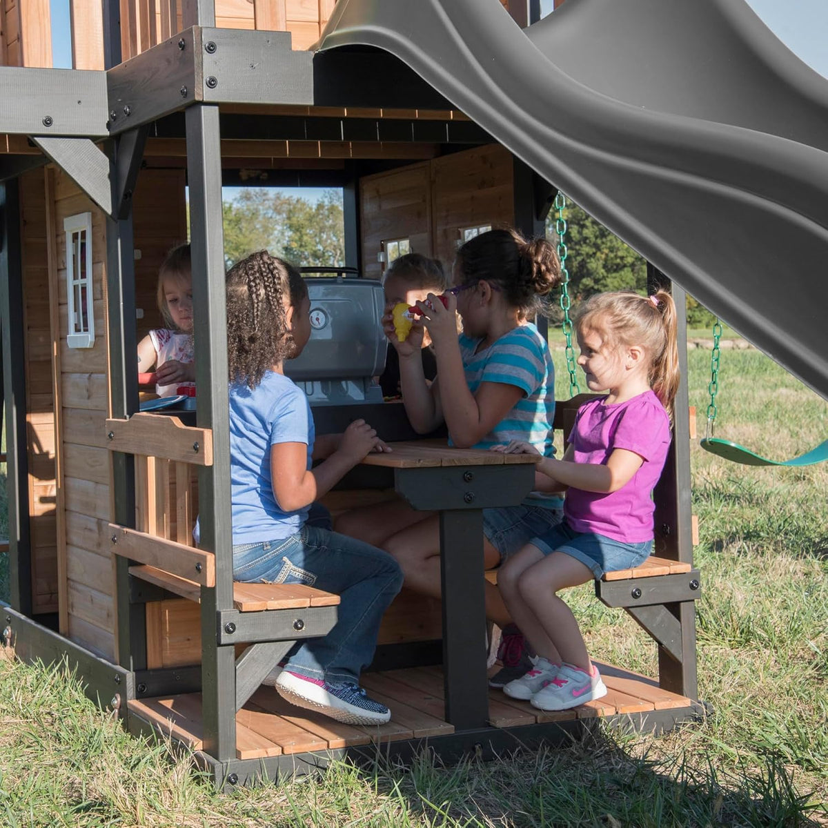 Backyard Discovery Canyon Creek Cedar Wood Swing Set with Wave Slide, Clubhouse, Play Kitchen, Picnic Area, Belt Swings, Web 