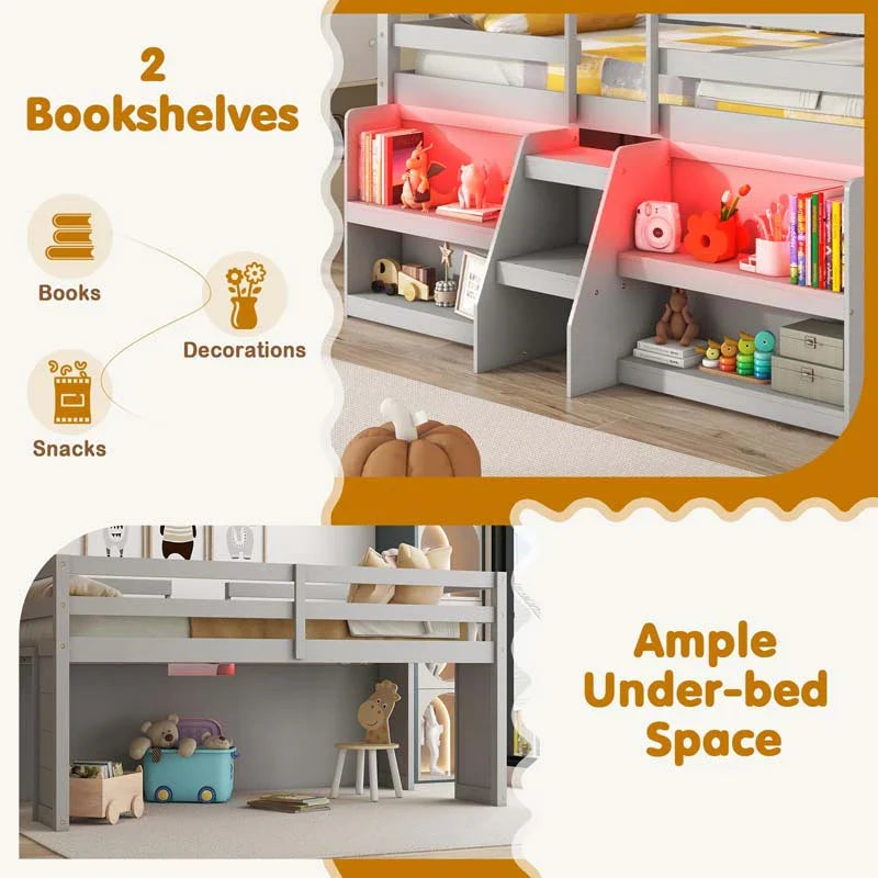 Kids Twin Size Loft Bed with LED Lights, Stairs & Safety Guardrail, Storage Bookcase and Under-bed Play Space - image 8