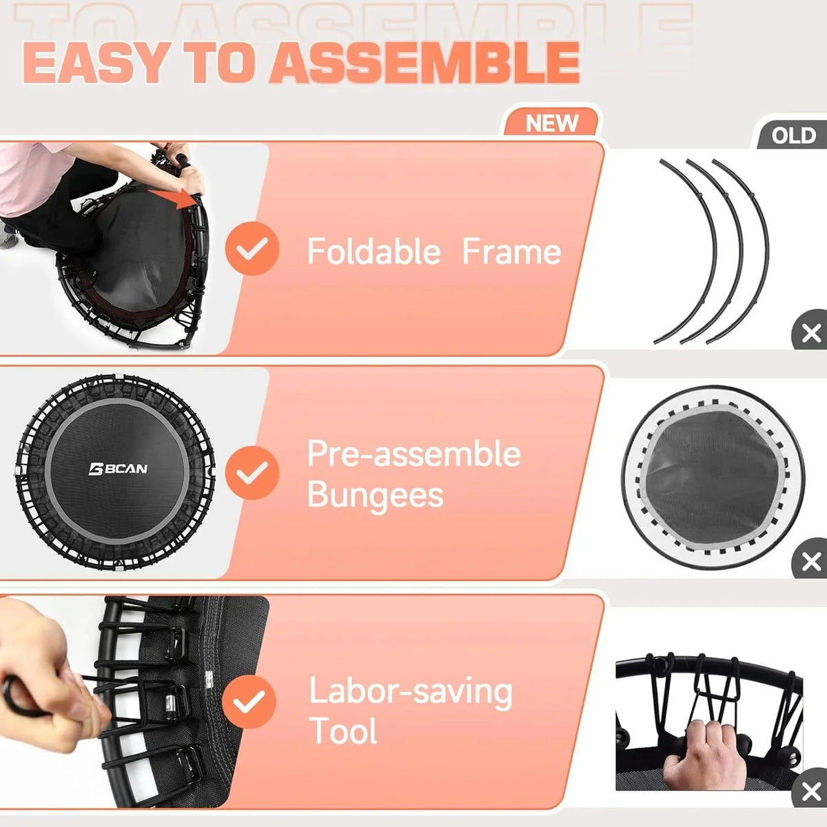 BCAN 450/550 LBS Foldable Mini Trampoline, 40"/48" Fitness Trampoline with Bungees, U Shape Adjustable Foam Handle, Stable & Quiet Exercise Rebounder for Adults Indoor/Outdoor Workout - image 49