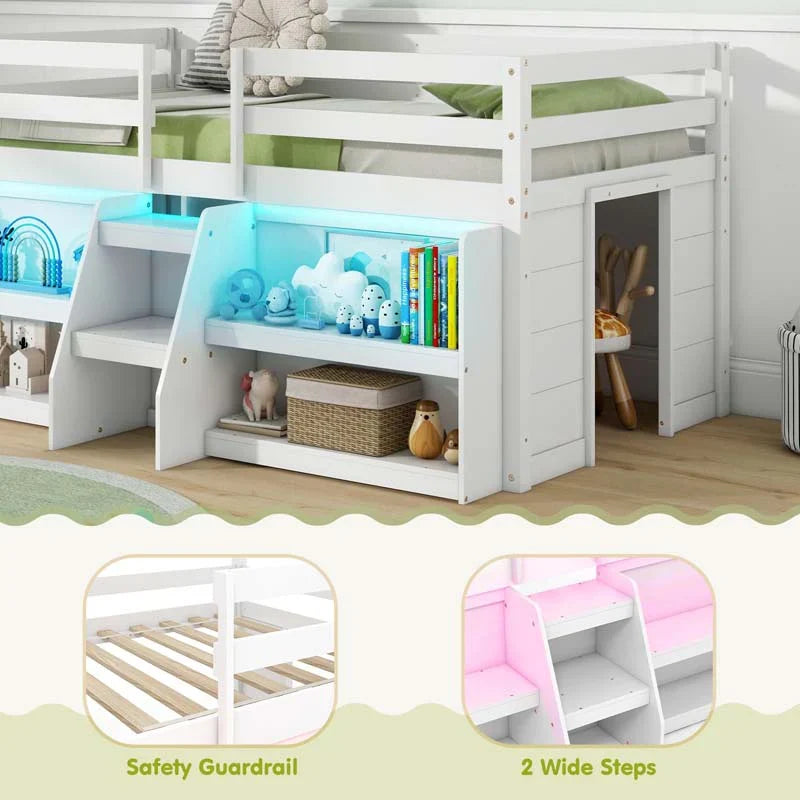 Kids Twin Size Loft Bed with LED Lights, Stairs & Safety Guardrail, Storage Bookcase and Under-bed Play Space - image 15