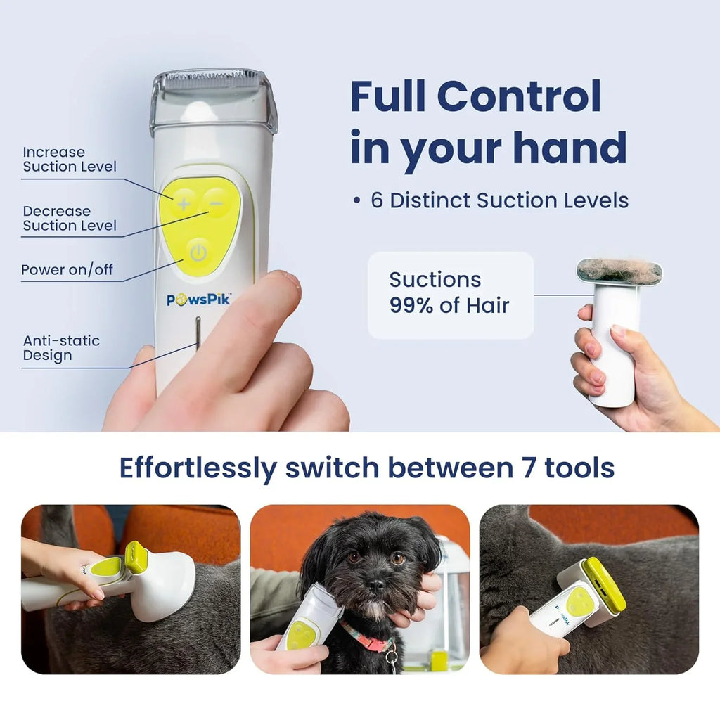 Professional Pet Grooming Vacuum Kit, Dogs & Cats, Direct Handheld Control, 7 Grooming Tools, 6 Suction Levels, Large 2.2L Du