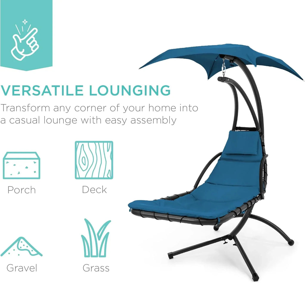 Best Choice Products Outdoor Hanging Curved Steel Chaise Lounge Chair Swing w/Built-in Pillow and Removable Canopy - Charcoal