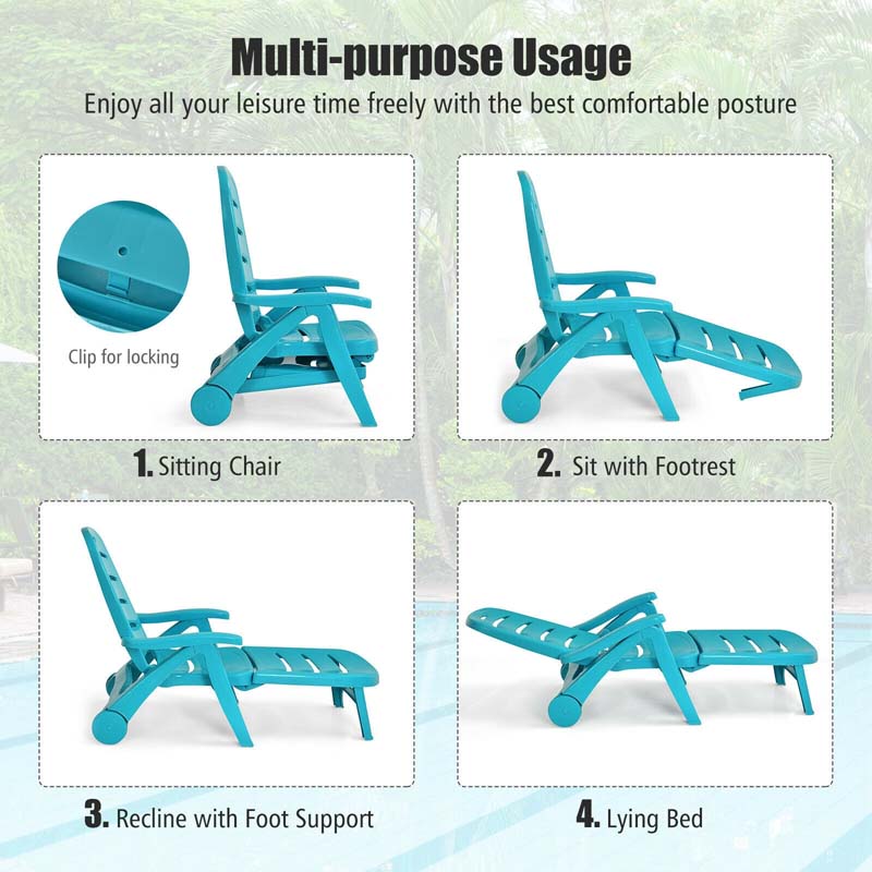 Rolling Folding Plastic Pool Lounge Chair With Armrests 5 Position Outdoor Sun Lounger Patio Deck Chair Beach Chair - Comfort
