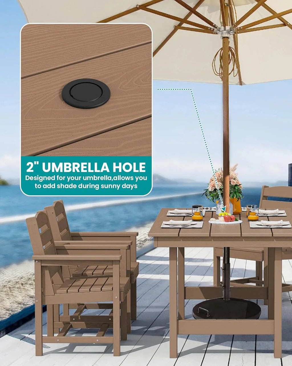 SERWALL 7-Piece Patio Table Set, Outdoor HDPE Dining Furniture with Umbrella Hole, All Weather Table and Chairs for Lawn, Garden, Poolside, Aruba - image 56