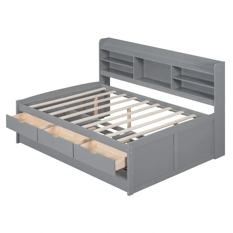 Antique Grey Full-Size Wooden Captain Bed with Built-in Bookshelves, Three Storage Drawers, and Trundle - image 11