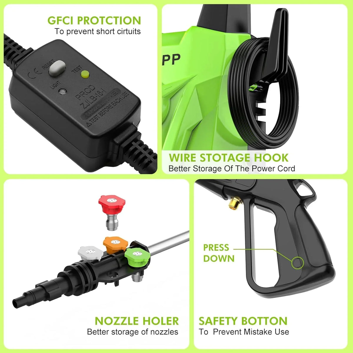 Electric high-pressure cleaning machine, foam sprayer, 4 quick-connect high-pressure nozzles, 2400 pounds/square inch 2.4 gal