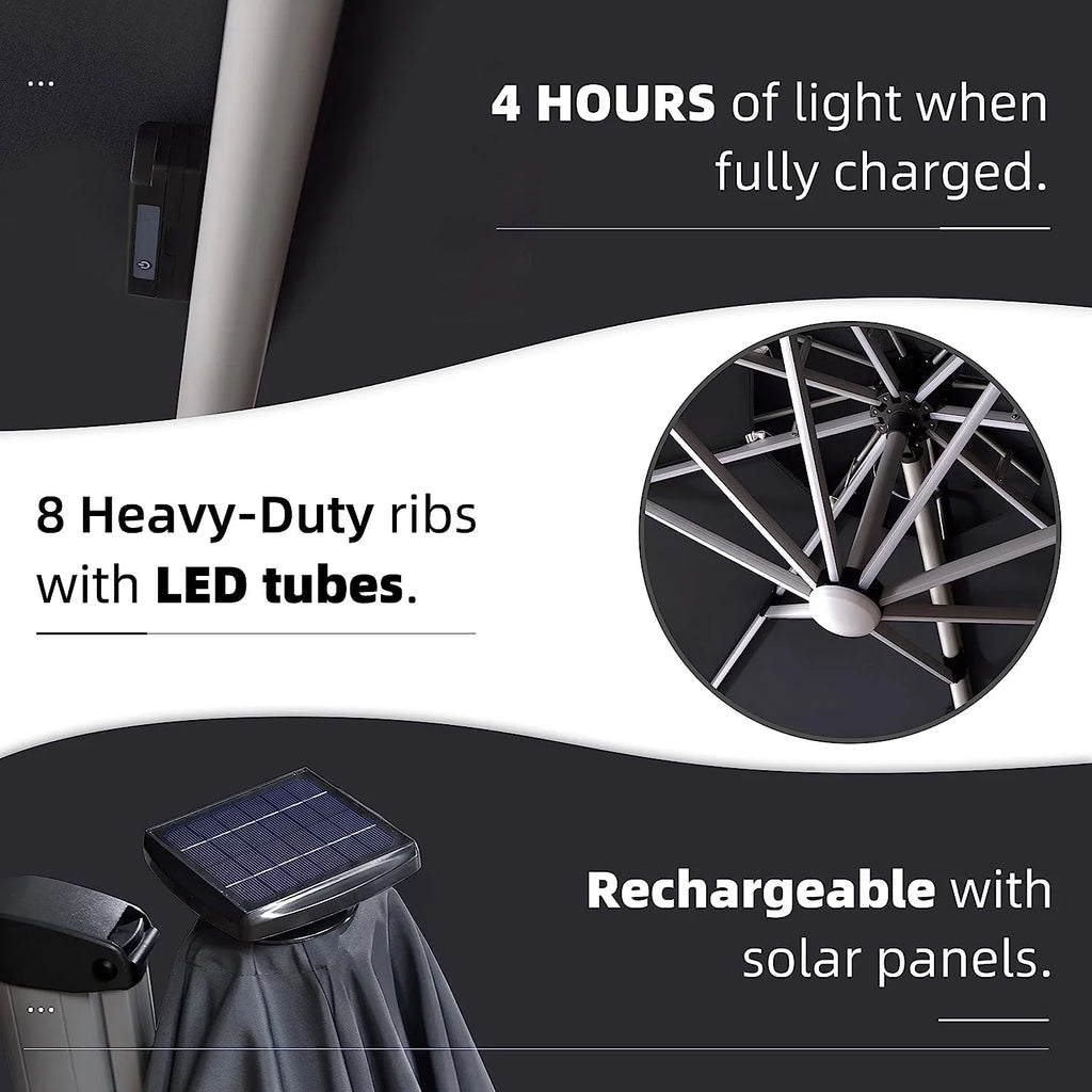12ft Solar LED Patio Umbrella Outdoor Round Umbrella Large Cantilever Umbrella with LED Lights Windproof Bias Umbrella Heavy 