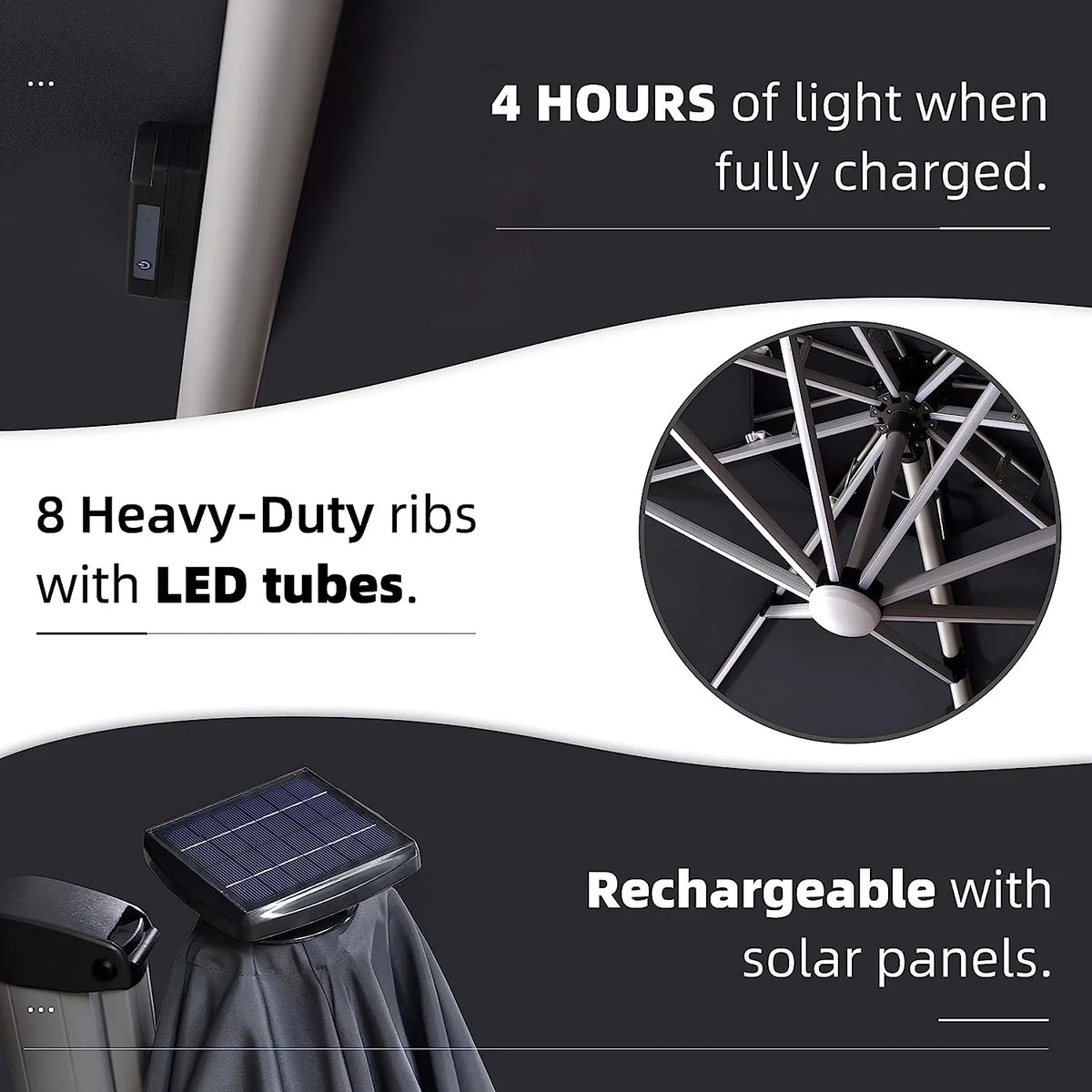 12ft Solar LED Patio Umbrella Outdoor Round Umbrella Large Cantilever Umbrella with LED Lights Windproof Bias Umbrella Heavy 