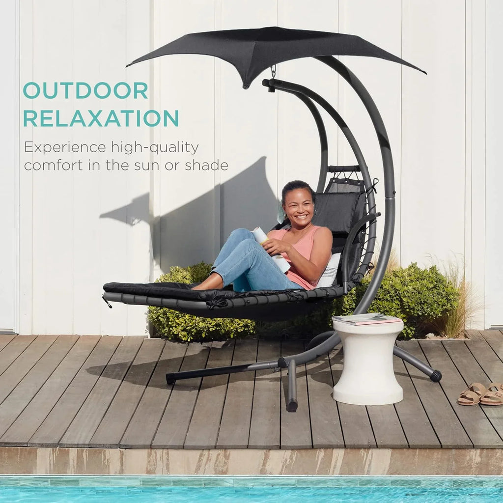 Best Choice Products Outdoor Hanging Curved Steel Chaise Lounge Chair Swing w/Built-in Pillow and Removable Canopy - Charcoal