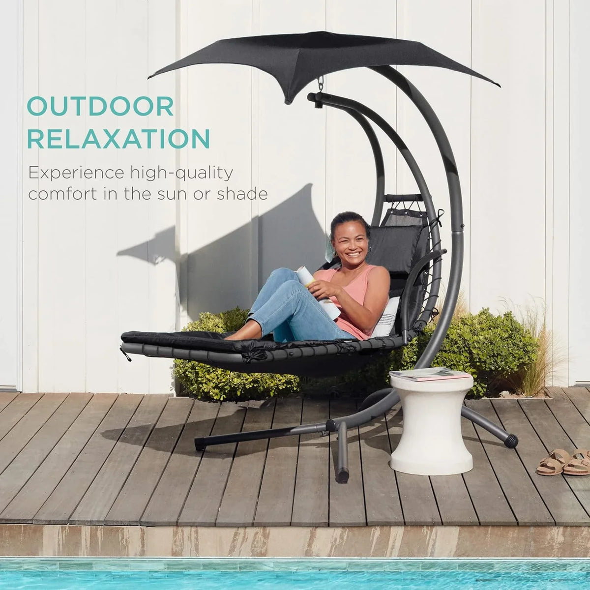 Best Choice Products Outdoor Hanging Curved Steel Chaise Lounge Chair Swing w/Built-in Pillow and Removable Canopy - Charcoal
