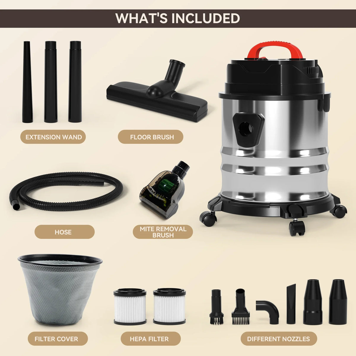 TOPTENG Wet Dry Vacuum Cleaner, 5 Gallon 1800W 6 HP Peak Stainless Steel Shop Vacuum Wet and Dry - image 2