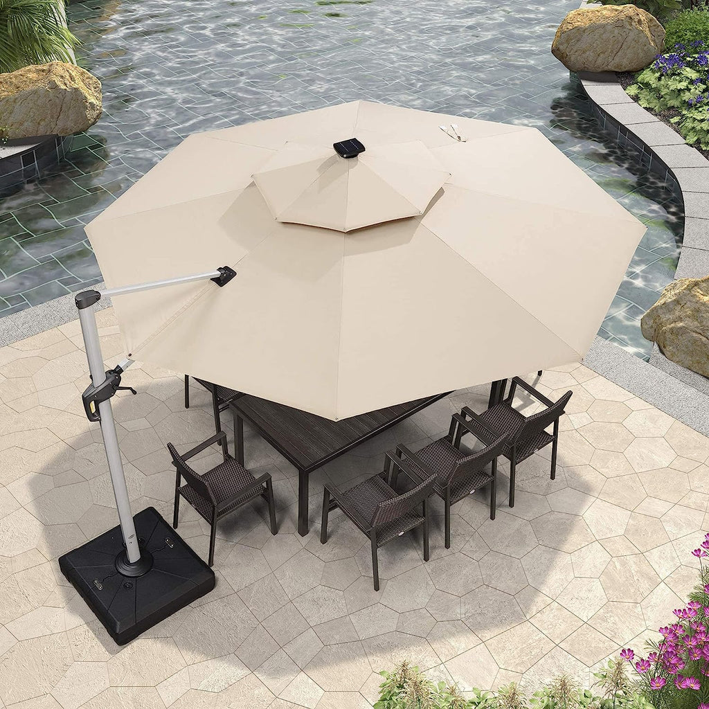12ft Solar LED Patio Umbrella Outdoor Round Umbrella Large Cantilever Umbrella with LED Lights Windproof Bias Umbrella Heavy 