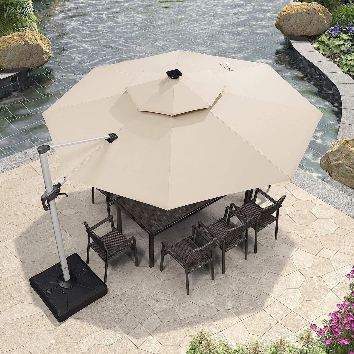 12ft Solar LED Patio Umbrella Outdoor Round Umbrella Large Cantilever Umbrella with LED Lights Windproof Bias Umbrella Heavy 