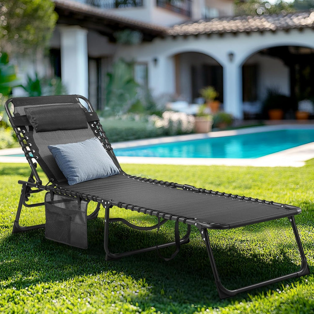 Unovivy Outdoor Chaise Lounge Chairs Set of 2, Portable Folding Pool Lounge Chair with 5-Position Reclining Back, Teslin Tann