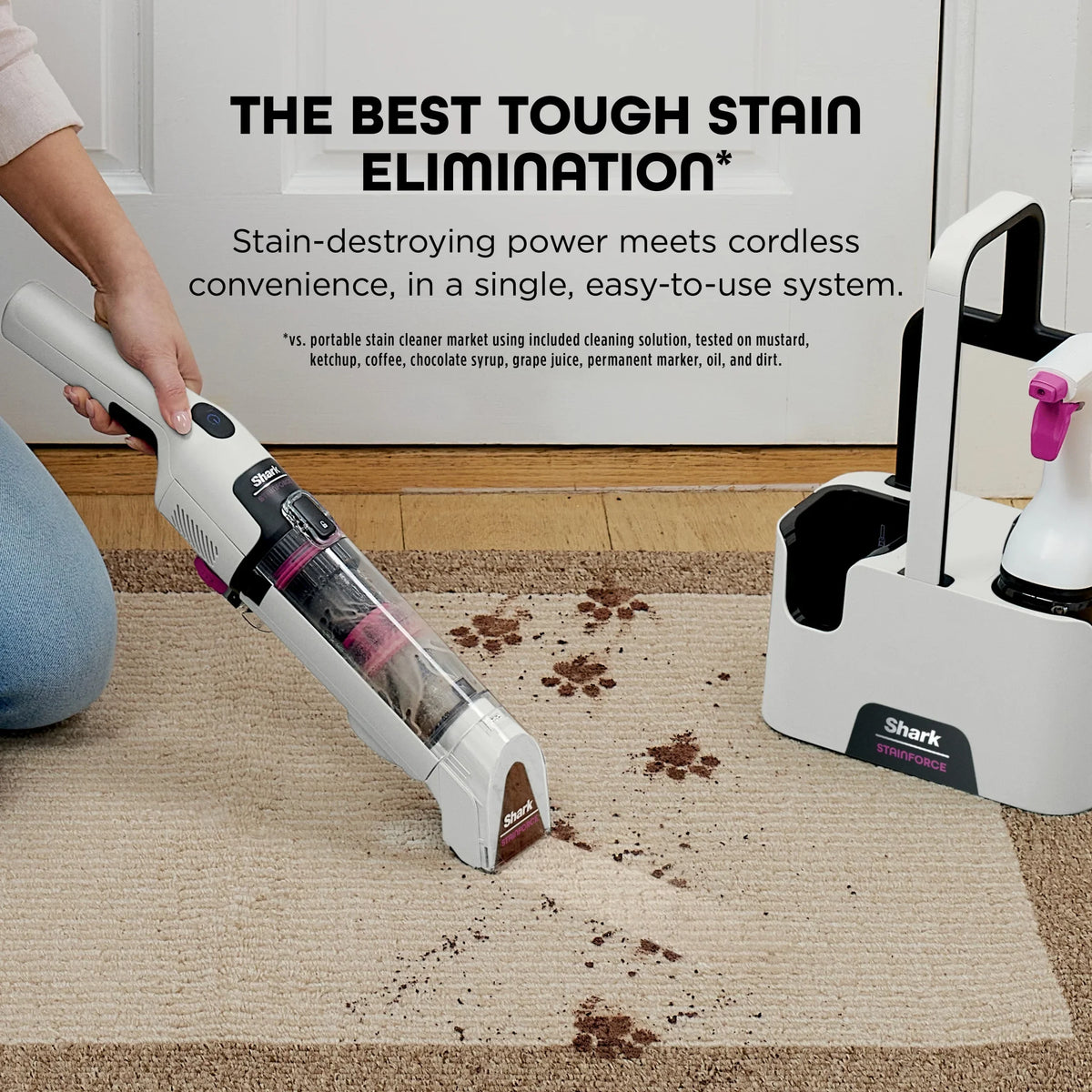 Shark StainForce Cordless Portable Spot, Stain, & Odor Remover System for Carpets, Area Rugs, Upholstery, Stairs, Cars, with Storage Caddy, and Full-Size Cleaning Solution, White, HX100 - image 2