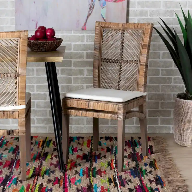 Laluna Contemporary Bohemian Rattan and Mahogany Dining Chair with Cushion - image 1