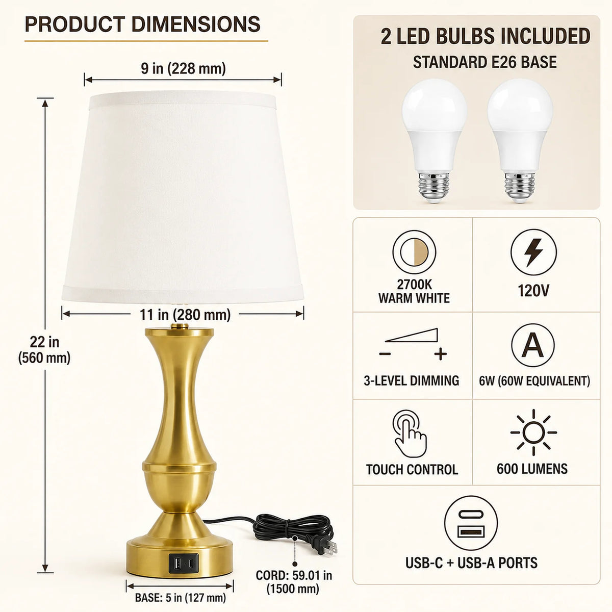 Set of 2 Gold Touch-Control Table Lamps with USB-C and USB-A Ports, White Linen Shades - image 2