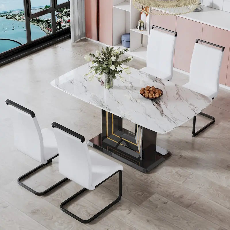 Elegant Dining Table with White Imitation Marble Top, Black MDF Legs Featuring Gold Accents, and a Stylish Black Base - image 4