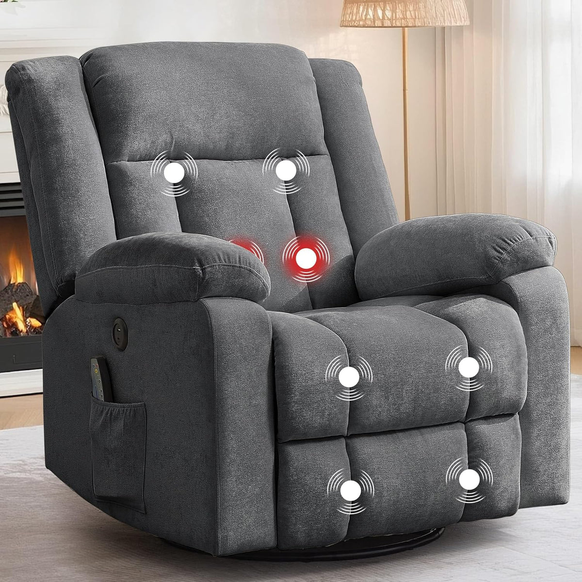 Rocker Recliner, Glider Recliner Chairs for Adults, 360° Swivel Rocking Chair with Massage and Heating, Nursery Chair with Storage and USB Charging for Living Room, Bedroom, Nursery - image 6