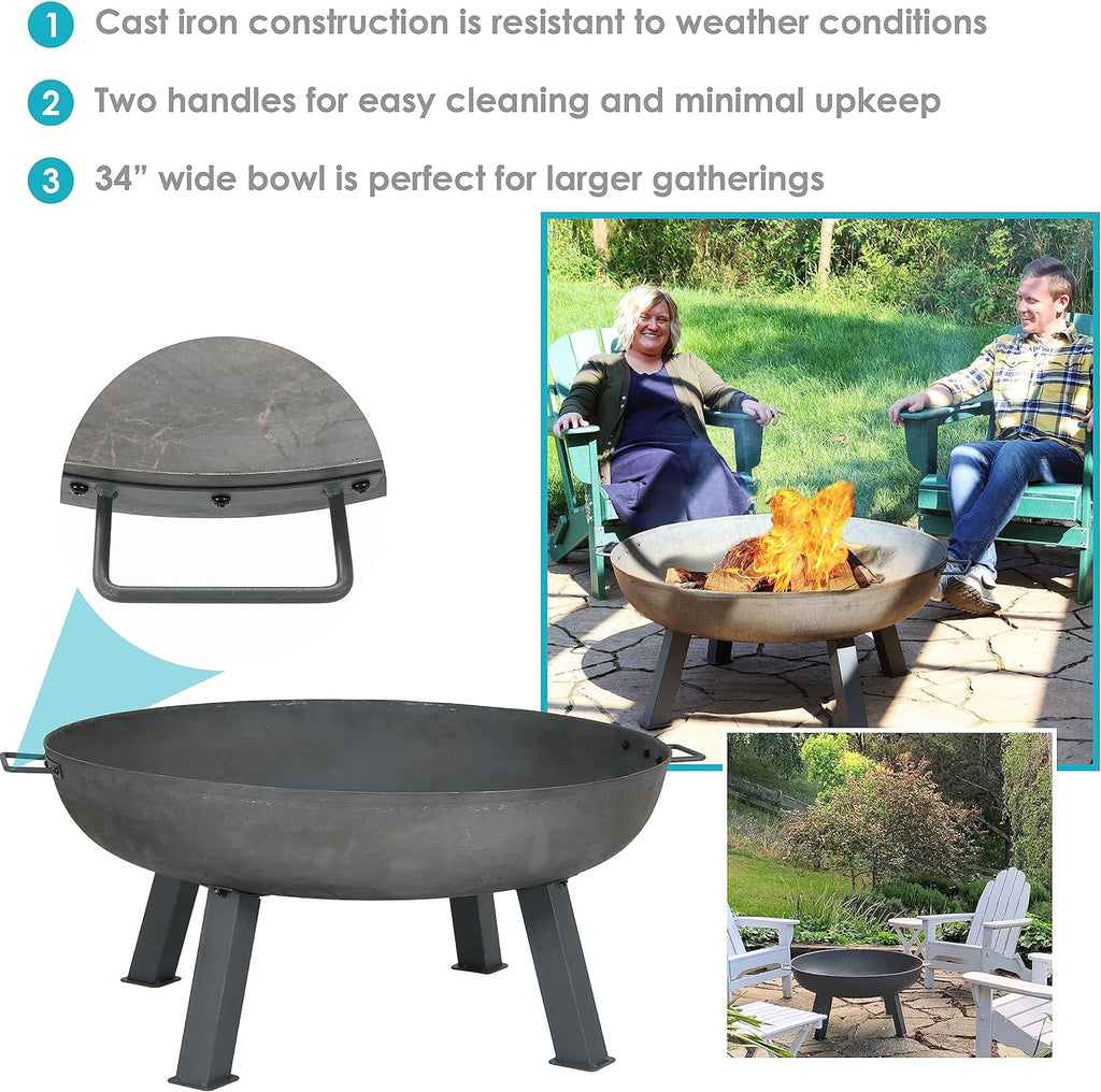 34-Inch Rustic Cast Iron Outdoor Raised Fire Pit Bowl with Handles - Oxidized Finish - image 14