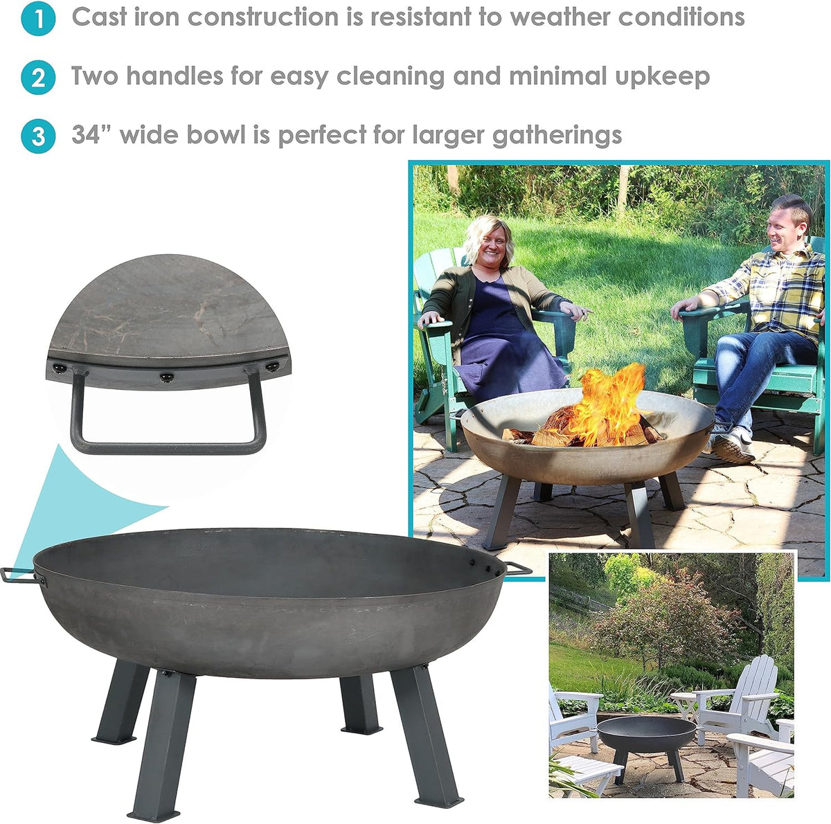 34-Inch Rustic Cast Iron Outdoor Raised Fire Pit Bowl with Handles - Oxidized Finish - image 14