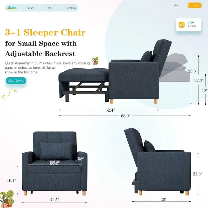 AECOJOY 3-in-1 Convertible Sleeper Sofa Chair with Pillow and Adjustable Backrest - image 39