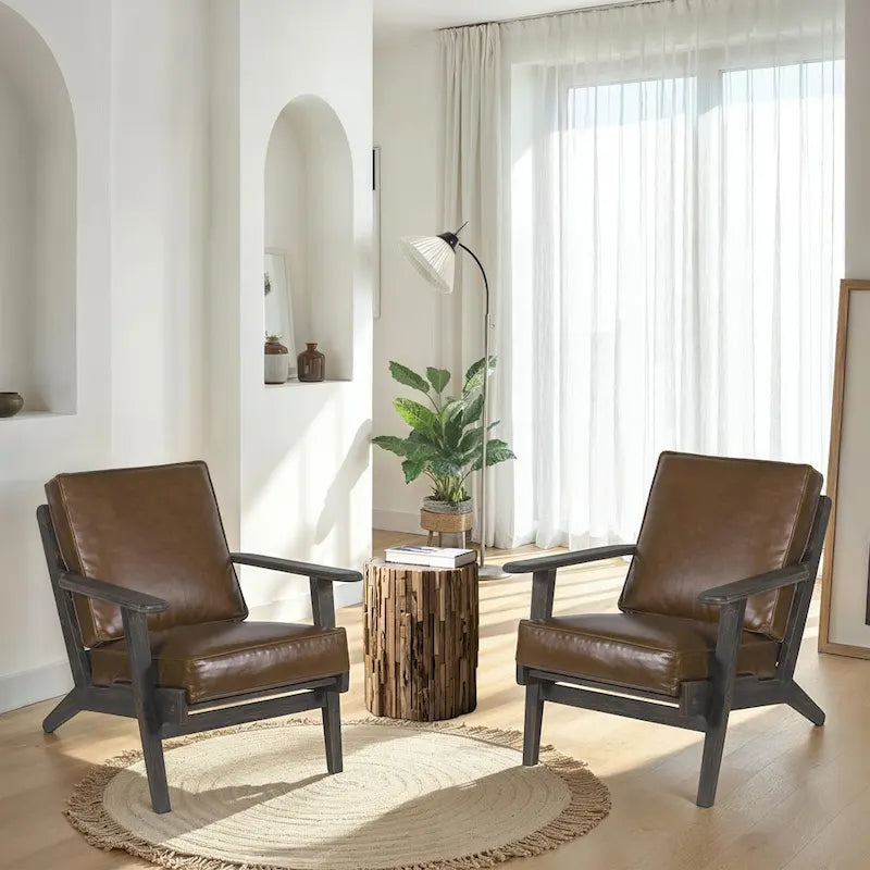 Handcrafted Amber Accent Chair with Slatted Mango Wood, Buffalo Leather Cushions, and Angled Legs - image 1