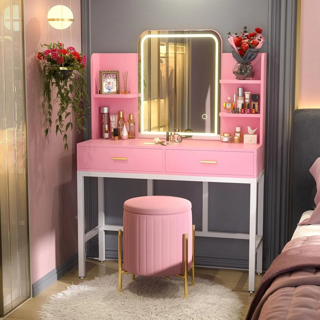 Makeup Vanity Desk with Mirrors, Vanity Set with 2 Storage Drawers and Open Shelves, 3 Colors LED Brightness Adjustable Dress