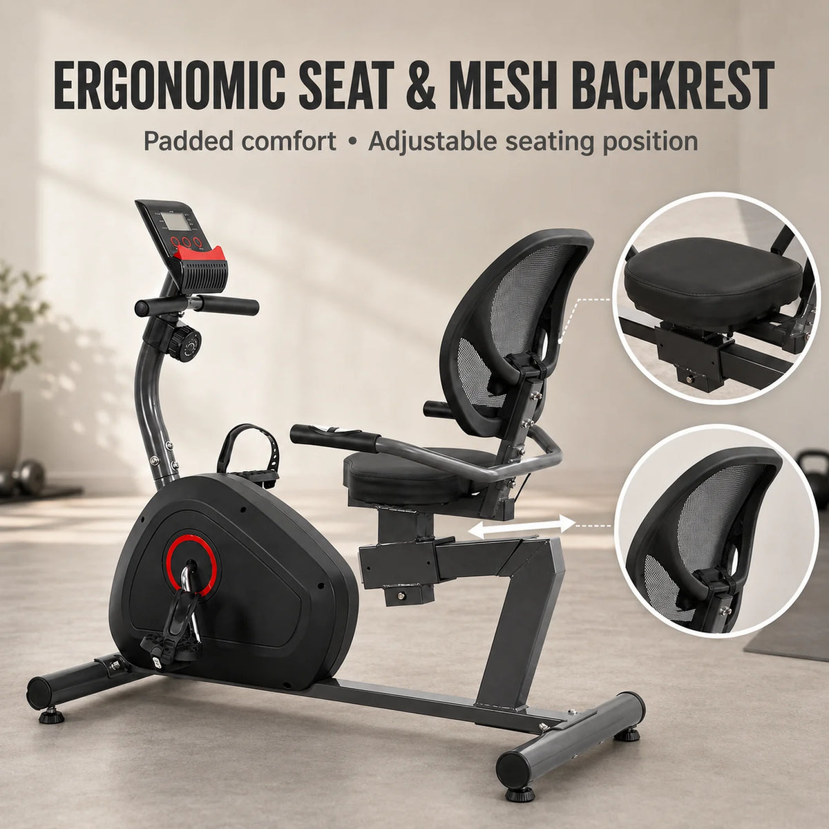 Recumbent Exercise Bike with 8-Level Magnetic Resistance, LCD Monitor, Adjustable Seat and Mesh Backrest, Black - image 3