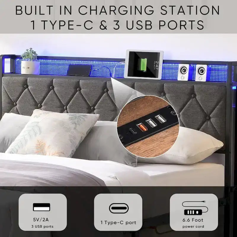 Upholstered Queen Bed Frame with Built-in Charging Station and LED Lights - Sturdy Platform Design with Heavy Metal Slats, No Box Spring Required - image 3