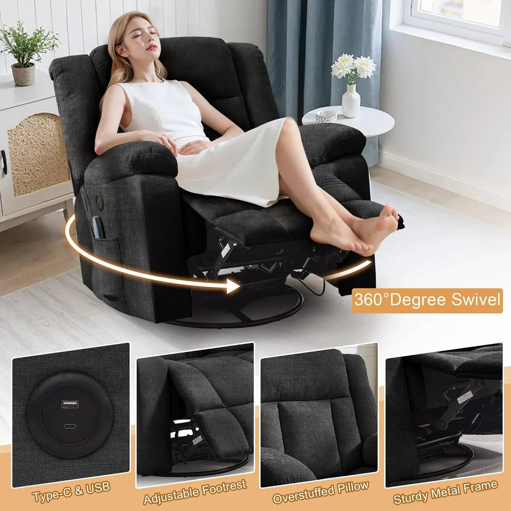 Rocker Recliner, Glider Recliner Chairs for Adults, 360° Swivel Rocking Chair with Massage and Heating, Nursery Chair with Storage and USB Charging for Living Room, Bedroom, Nursery - image 46