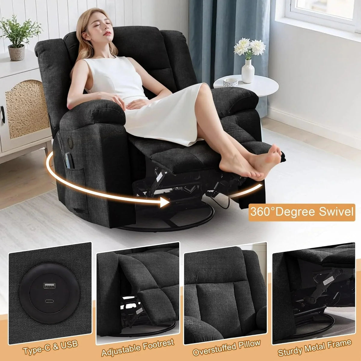 Rocker Recliner, Glider Recliner Chairs for Adults, 360° Swivel Rocking Chair with Massage and Heating, Nursery Chair with Storage and USB Charging for Living Room, Bedroom, Nursery - image 46