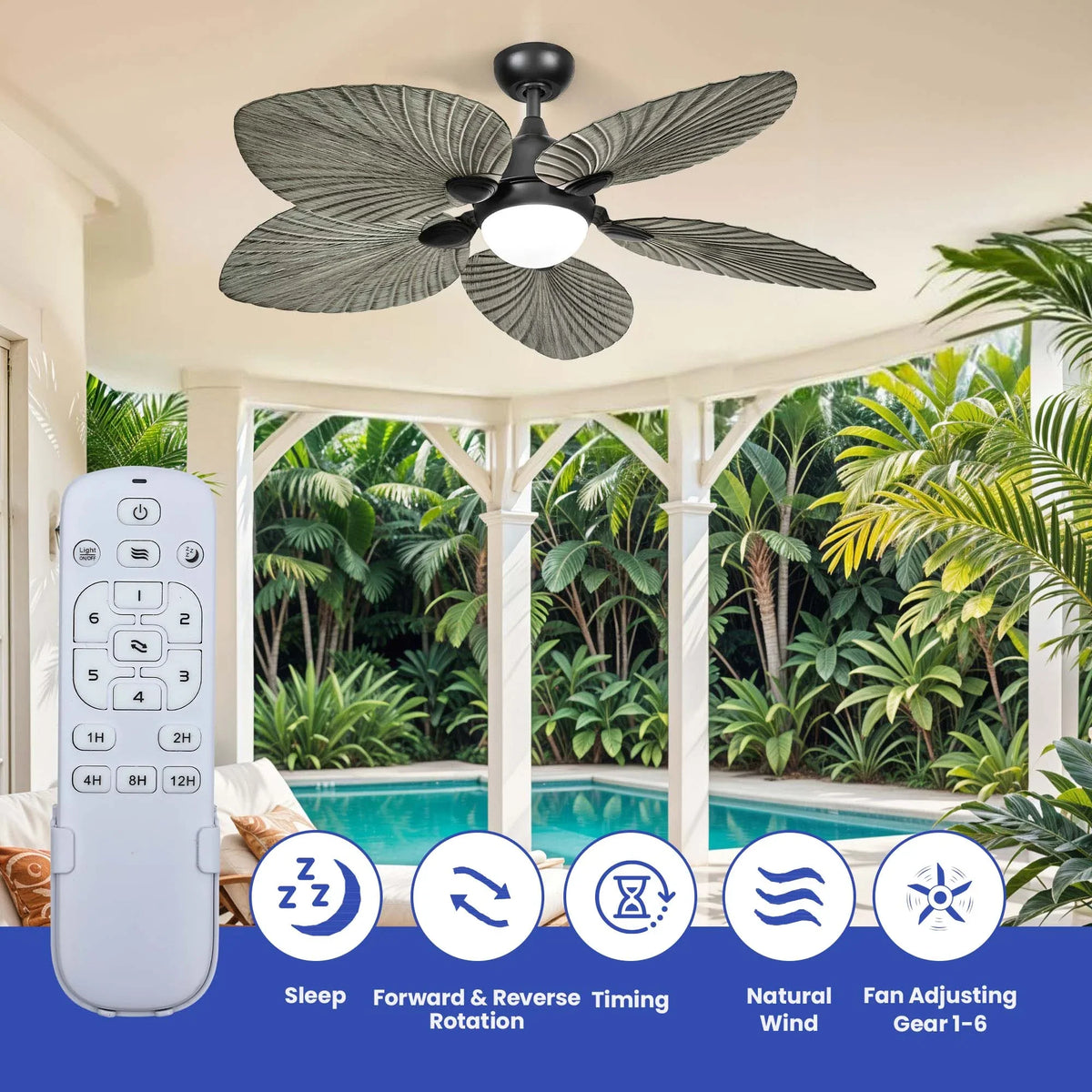 ModFusion 52" Gray Black Coastal Ceiling Fan with Palm Leaf Blades, LED Light & Remote -C Quiet Reversible DC Motor Indoor/Outdoor - image 2