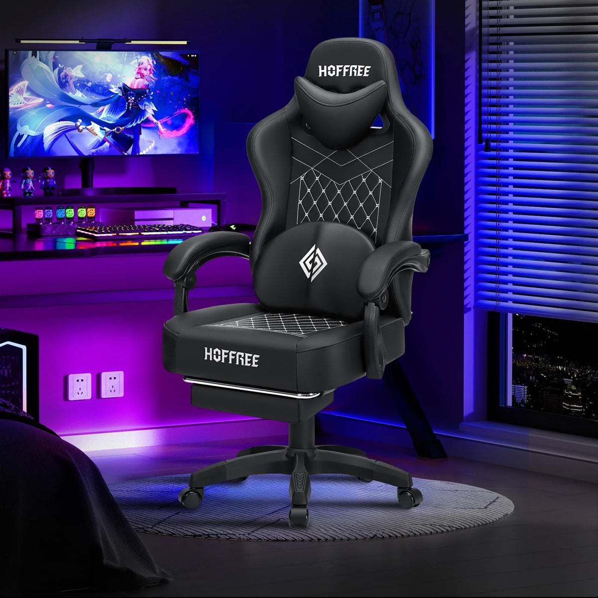 Hoffree Gaming Chair with Massage and Footrest Big and Tall Gamer Chair with Headrest and Lumbar Support PU Computer Game Chair for Adults Office - image 16