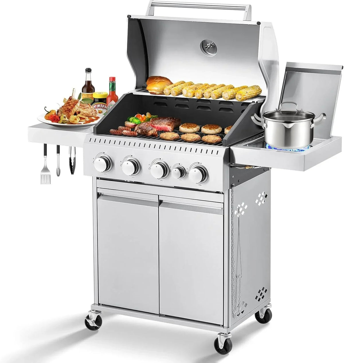 Upgraded 4 Burner BBQ Propane Gas Grill with Cast Iron Grates & Side Stove, 44,000 BTU Stainless Steel Burner Barbecue Grill 