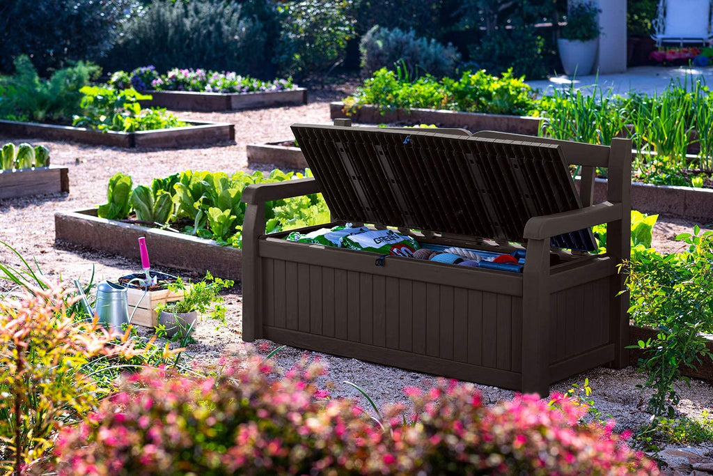 Keter Solana 70 Gallon Storage Bench Deck Box for Patio Furniture, Front Porch Decor and Outdoor Seating – Perfect to Store G